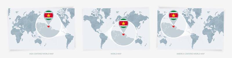 Three versions of the World Map with the enlarged map of Suriname with flag. vector