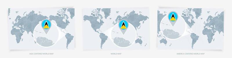 Three versions of the World Map with the enlarged map of Saint Lucia with flag. vector