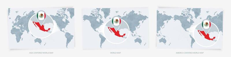 Three versions of the World Map with the enlarged map of Mexico with flag. vector