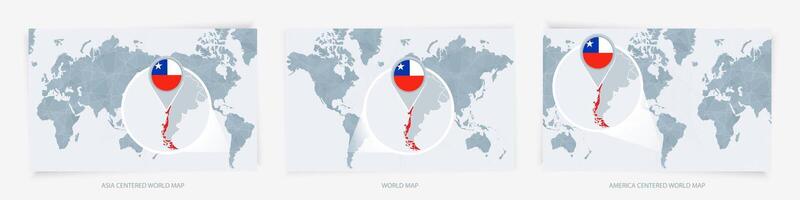 Three versions of the World Map with the enlarged map of Chile with flag. vector