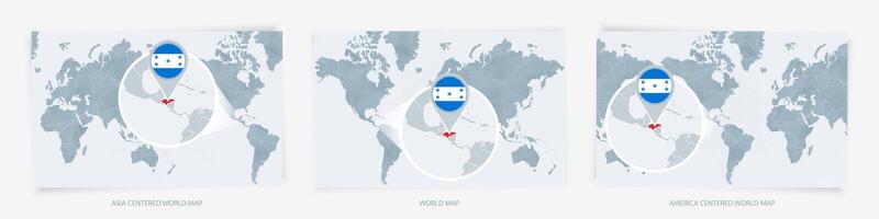 Three versions of the World Map with the enlarged map of Honduras with flag. vector