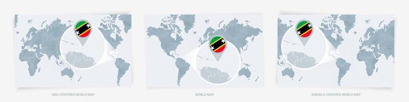 Three versions of the World Map with the enlarged map of Saint Kitts and Nevis with flag. vector