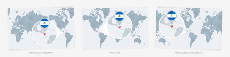 Three versions of the World Map with the enlarged map of Nicaragua with flag. vector