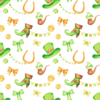 Seamless pattern with top hat, golden horseshoe and coin, clover,boot and pipe for St. Patrick's Day.Watercolor illustration.Hand drawn isolated background.Symbol of good luck, wealth or success png