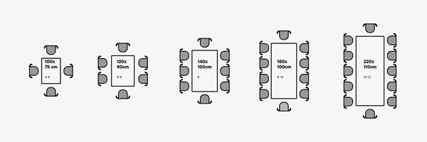 Rectangle tables with sizes and seats. Chairs and tables in scheme plan.Top view scheme. illustration vector