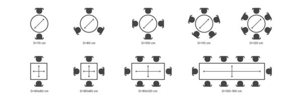 Size of Tables for cafe or restourant. Set of Table Seats. Plan Chairs and Tables. illustration vector
