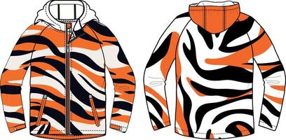Design an all-over zebra print pattern for the hooded jacket, with bold stripes in orange and white. vector