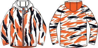 A technical drawing of an orange and white tiger-stripe pattern on the front, back, and sleeves of an athletic jacket with a hood vector