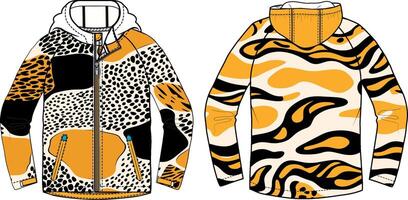 A graphic design concept for the front and back of an all-mountain jacket, inspired by tiger print. vector
