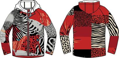 A design for women's that features a patchwork of different animal prints like zebra, leopard, and monkey in a red color. The hoodie should have a hood vector