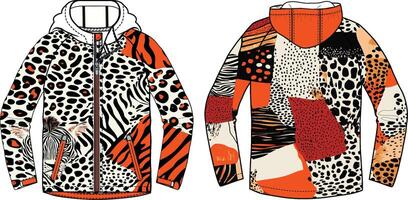 An orange, white, and black patterned design for the hoodie, featuring animal prints like zebra stripes, vector