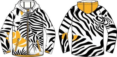 White and black zebra pattern, yellow highlights on hoodie design for a snowboard jacket, vector