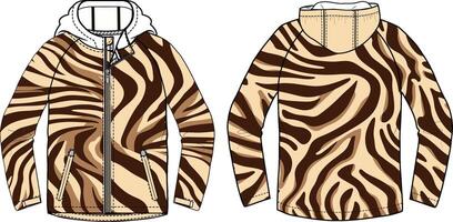 A design for a unisex windbreaker with a zebra pattern, showing front and back views of the jacket. vector