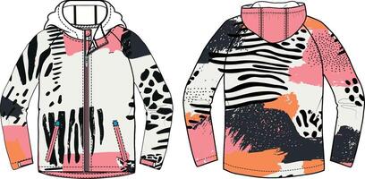 A hoodie design for women, with zebra stripes and pastel pink patterns on the front. vector