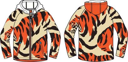 A design for an athletic windbreaker, inspired by tiger stripes and patterns, in orange with beige accents. The front view includes both the main product shot of full hoodie vector