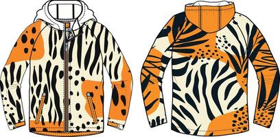 A design for an oversized windbreaker, inspired by the pattern of tiger stripes and cheetah spots, incorporating bold orange tones with black dots on white background. vector