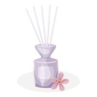 Aroma diffuser for the home in a glass bottle with sticks. Relaxation and aesthetic at home. Hygge element. Aromatherapy. vector