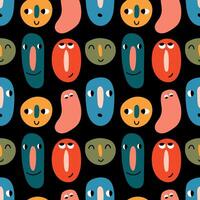 Abstract colorful faces seamless pattern. Funny characters on a black background. illustration for baby clothes, background, wrapping paper, sketchbook cover, phone case vector