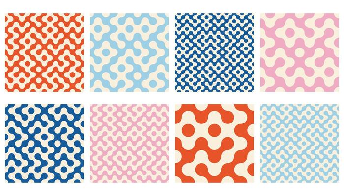 Truchet round shapes seamless pattern collection. Contemporary style geometric mosaic patterns with rounded lines. Modern tilt mosaic background set.