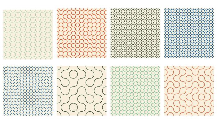Truchet thin line round shapes seamless pattern collection. Contemporary style outline geometric mosaic patterns with rounded lines. Modern tilt mosaic background set.