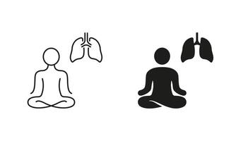 Mindfulness Pictogram. Relaxation, Wellness Symbol. Deep Breath Exercise Line and Silhouette Icon Set. Human Lung and Lotus Pose. Editable Stroke. Isolated Illustration vector