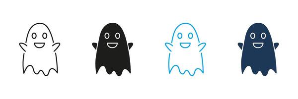 Friendly Ghost Line and Silhouette Icon Set. Playful Smiling Spirit Symbol. Editable Stroke. Isolated Illustration vector
