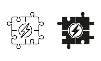 Brainstorming, Jigsaw Combination, Find Solution Line and Silhouette Icon Set. Teamwork Strategy Outline Sign. Editable Stroke. Isolated Illustration vector