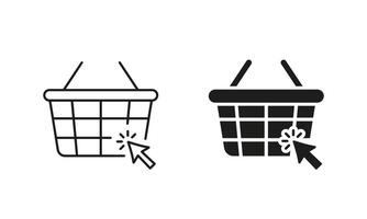 E Commerce Line and Silhouette Icon Set. Basket with Click Pointer Sign. Online Supermarket, Internet Grocery Store Pictogram. Shopping Bag Symbol. Editable Stroke. Isolated Illustration vector