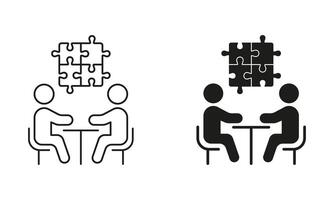 Puzzle and Team Work Line and Silhouette Icon Set. Business Teamwork Connection, Management Concept. Editable Stroke. Isolated Illustration vector