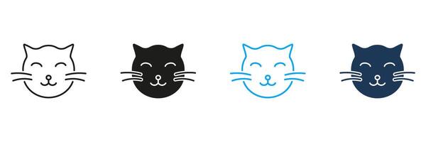 Cat Face with Closed Eyes Line and Silhouette Icon Set. Peaceful Feline Rest Symbol. Calm and Relaxed Pet Expression. Editable Stroke. Isolated Illustration vector