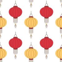 Seamless pattern of red and yellow Chinese lantern on a white background, ideal for festive, cultural or decorative design project in flat style. vector