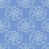 Seashell fossil seamless pattern in line art style on blue background. Undersea ocean print design for fabrics, wallpaper, fish menu, cards. illustration. vector