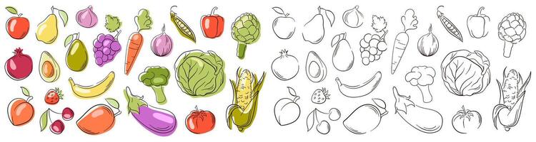 Fruits and vegetables set in a line art and flat style. Mango, corn, cherry, strawberry, eggplant, avocado, carrot icon for coloring book. illustration isolated on a white background. vector