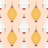 Seamless pattern of traditional Chinese lantern in yellow and white on a soft peach background, perfect for festive and cultural themed design in flat style. vector
