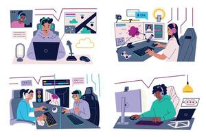 illustration set of gamers streaming, communicating, and playing online games. Modern gaming setups with headsets, screens, and microphones, flat cartoon characters with computers and laptops vector