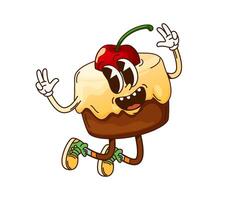 Funny groovy cake character joyfully jumping vector