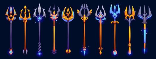 Cartoon tridents, spears or lances, game UI assets vector
