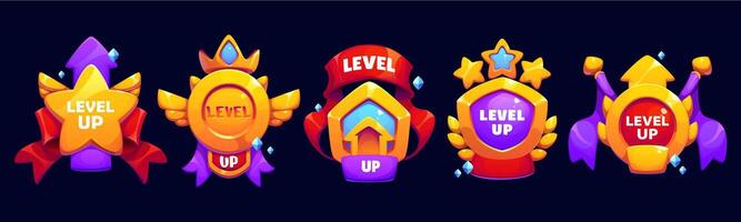 Level up game reward, user rate icons or badges vector