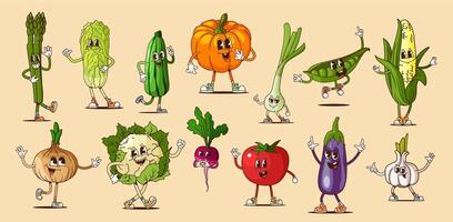 Funny groovy vegetable characters with happy faces vector