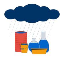 Rain falling from rainy cloud into various containers cartoon flat illustration. Rainwater harvesting in barrel, bucket, basin, flasks 2D scene isolated on white background. colorful image vector