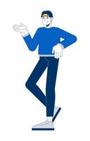 Casually dressed asian man in sweater gesturing in friendly pose 2D cartoon character. Korean male relaxed posture isolated person flat on white background. Spot illustration colorful vector