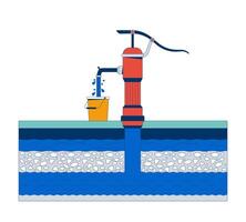 Hand water pump extracting groundwater into bucket cartoon flat illustration. Cutaway underground water layers. Rural utility 2D scene isolated on white background. colorful image vector