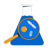Magnified microorganisms in flask with water 2D cartoon object. Microbiological research, lab experiment glassware isolated element flat clipart on white background. Spot illustration vector
