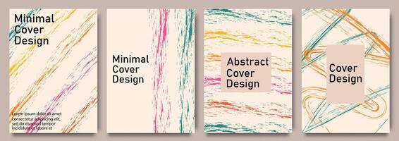 Minimalist abstract cover designs with colorful textured strokes and modern layouts for creative projects. For poster, greeting card, flyer, invitation or background vector