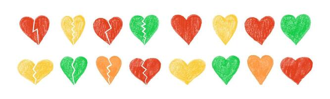 Colorful hand-drawn textured hearts set with whole and broken variations vector