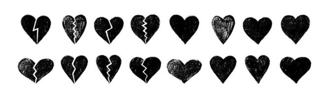 Hand-drawn black textured hearts collection with whole and broken designs vector