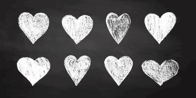 Hand-drawn white hearts on black chalkboard background, textured sketch style vector