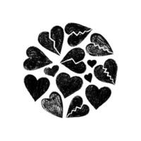 Black broken and whole hearts drawn with crayon in a circle vector