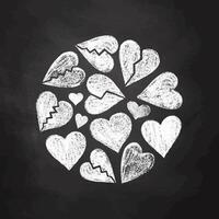 White broken and whole hearts drawn with crayon on chalkboard vector