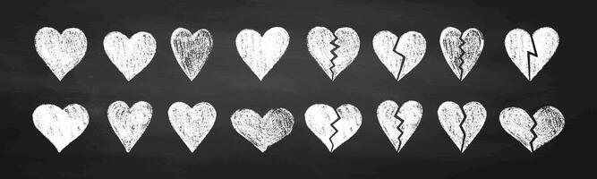 Hand-drawn chalk heart collection on blackboard with broken and whole designs vector